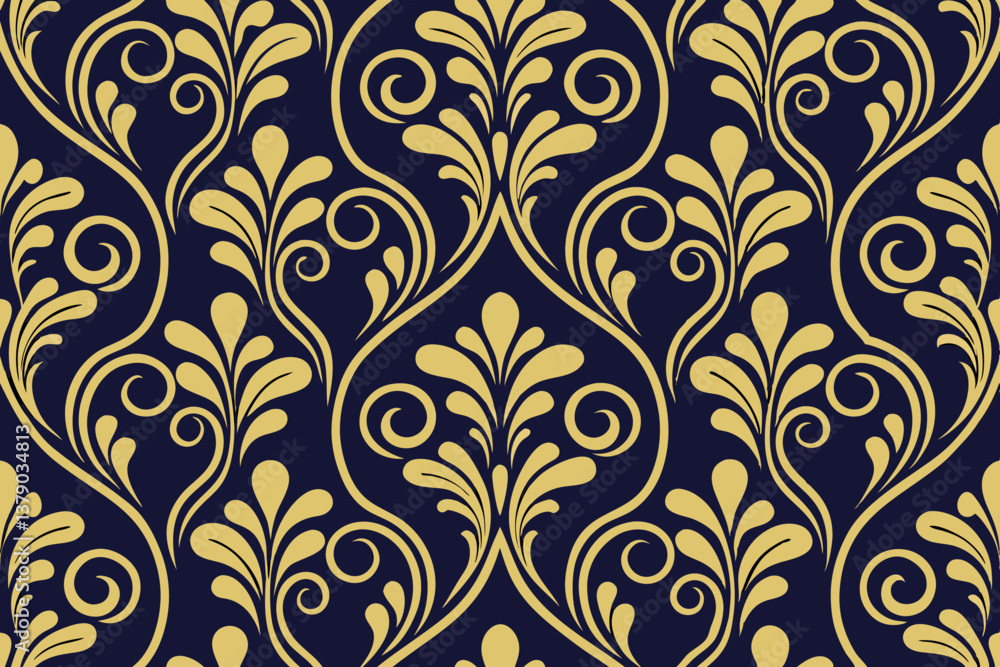Elegant Damask Pattern Gold Floral Design on Navy Blue Background Elegant Damask Pattern Gold Floral Design on Navy Blue Background
