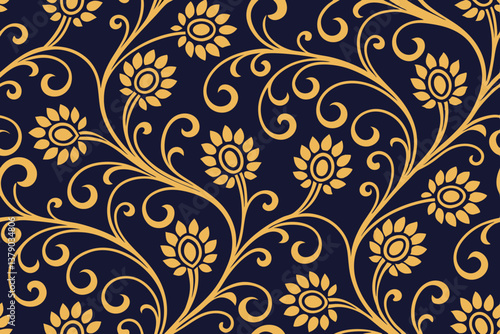 Seamless navy blue background with a repeating pattern of gold stylized sunflowers and ornate swirling vines. Elegant vintage style suitable for textile or wallpaper.