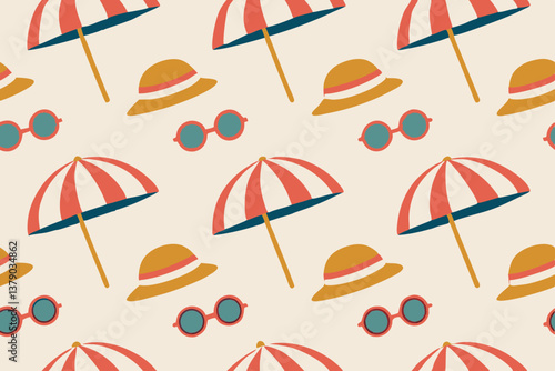 Summer Beach Pattern Sunglasses, Hats, and Striped Umbrellas
