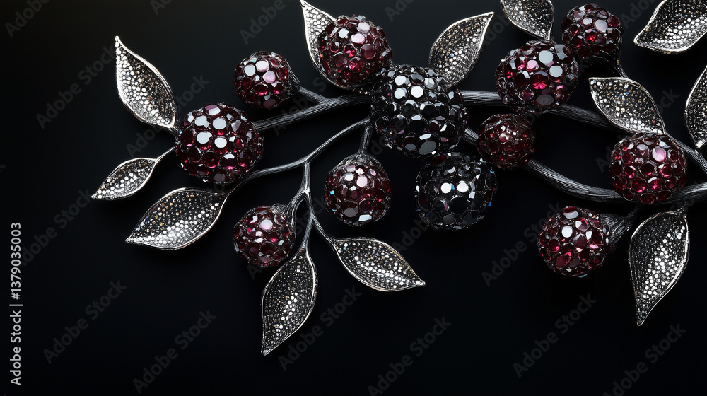Blackberry branch encrusted with crystals on black background – jewelry elegance Blackberry branch encrusted with crystals on black background – jewelry elegance