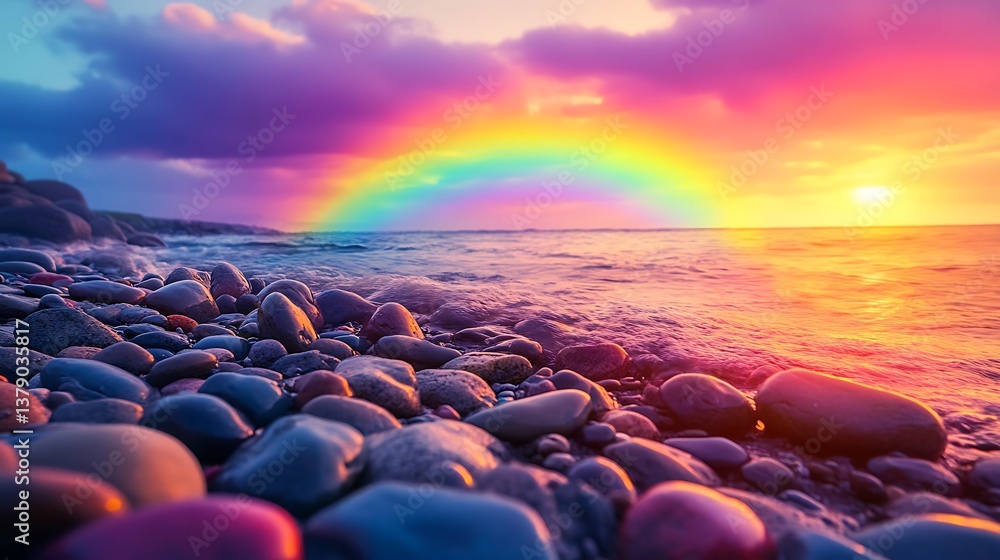 Obraz premium Beautiful rainbow over the ocean with colorful pebbles on the shore photos