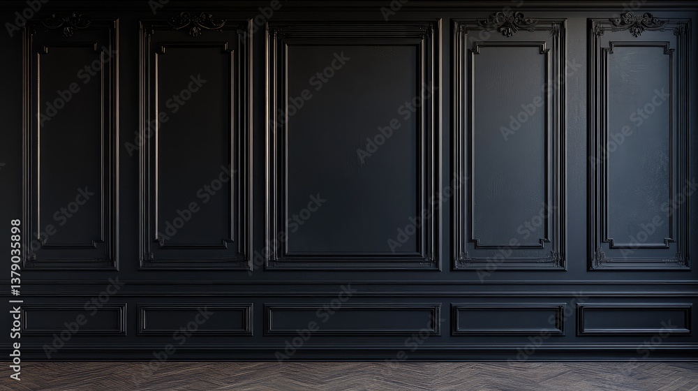 Elegant black paneling with deep, symmetrical recesses and refined geometric flourishes. Elegant black paneling with deep, symmetrical recesses and refined geometric flourishes.