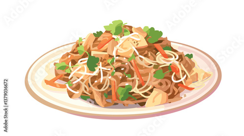 Delicious vegetarian pad thai dish with tofu and vegetables on white plate