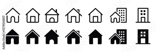 Set of real estate objects and houses black icon collection. House, Home symbol. Vector Illustration.