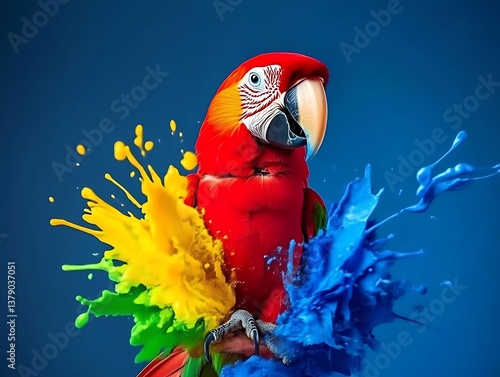 Scarlet Macaw Amidst Vibrant Colorful Paint Splashes
