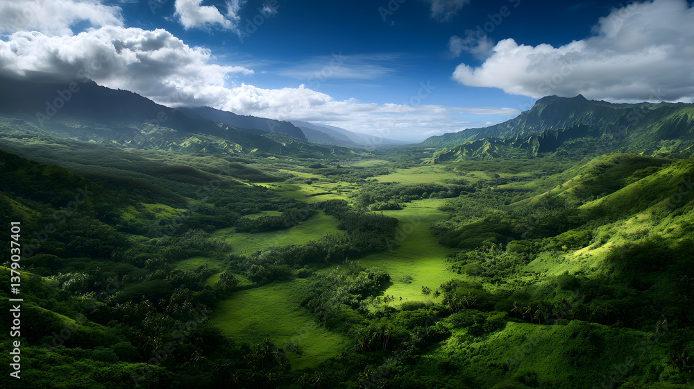 Obraz premium A lush green valley covered with tropical blossoms under a blue sky.