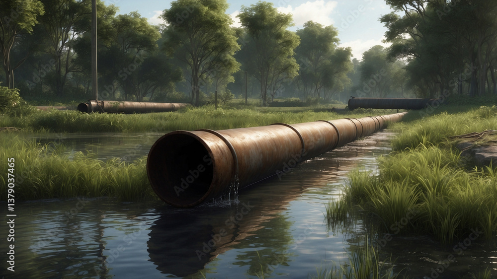 Rusted Metal Pipe Discharging Water into Shallow Stream in Lush Wetland Environment Rusted Metal Pipe Discharging Water into Shallow Stream in Lush Wetland Environment