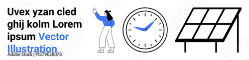 Woman making a gesture, an analog clock, and a solar panel emphasize renewable energy, time management, eco-awareness, environmental solutions, modern efficiency, sustainability goals, simple landing