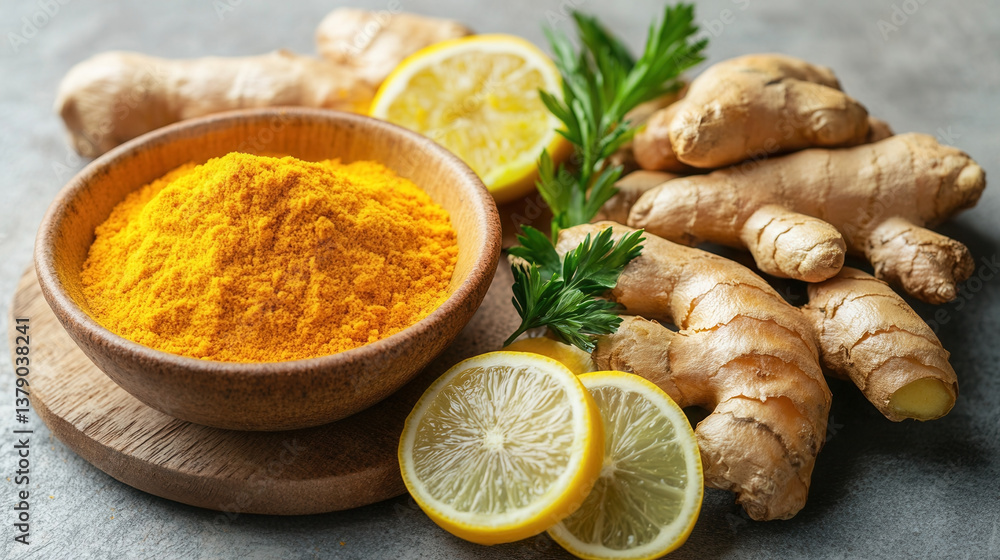 Delicious turmeric and ginger soup with fresh ingredients on a light gray background showcasing vibrant colors Delicious turmeric and ginger soup with fresh ingredients on a light gray background showcasing vibrant colors