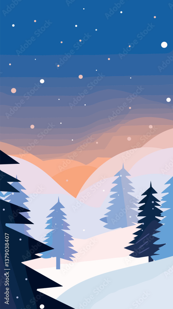 Naklejka premium Tranquil winter landscape with snowy pines and sunset sky