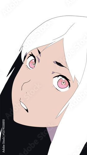 Anime character with white hair and pink eyes looking upward