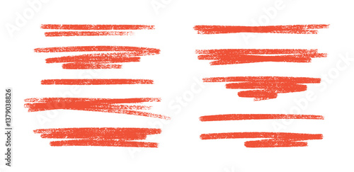 Crayon red brush stroke lines and underlines set - hand painted grunge borders, rough edges paint streaks. Ink sketch highlighting elements, text dividers and accents for banners design.