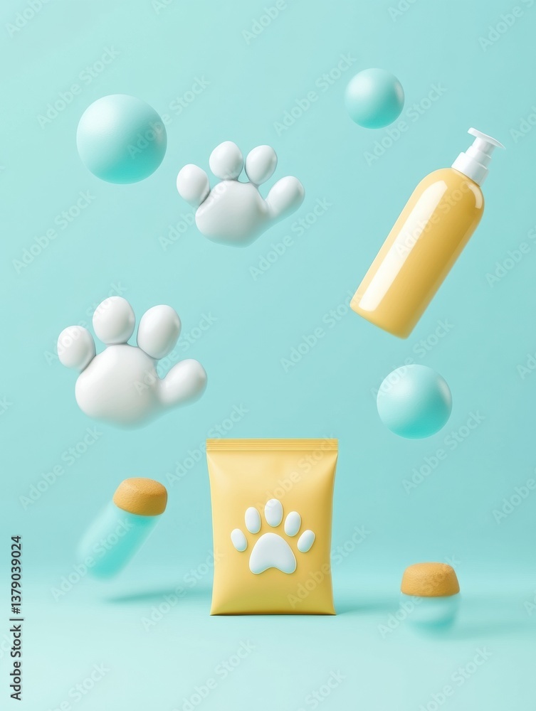 Floating 3D icons of pet care items create a playful atmosphere with modern design, showcasing paw prints, food bags, and shampoo bottles Floating 3D icons of pet care items create a playful atmosphere with modern design, showcasing paw prints, food bags, and shampoo bottles