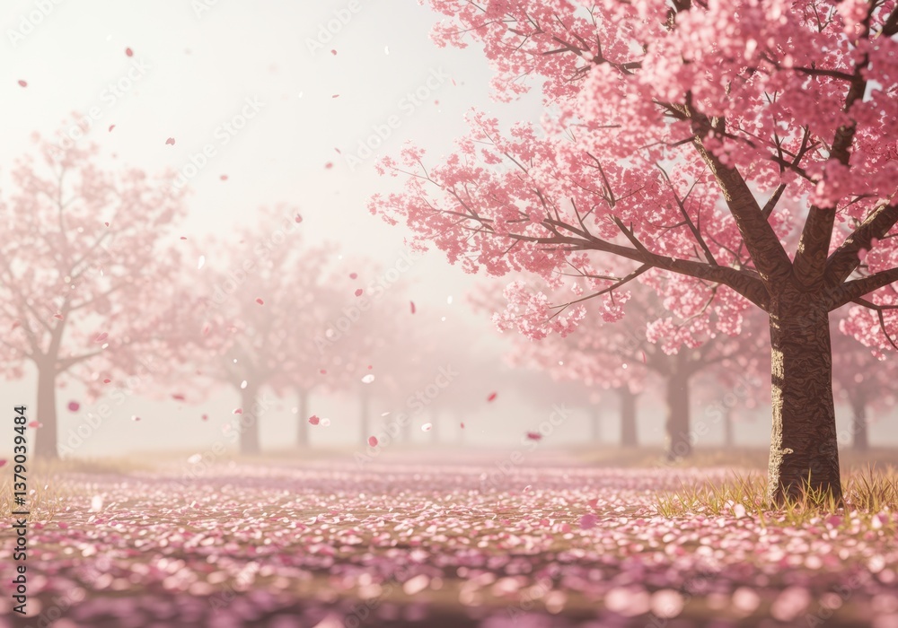 Naklejka premium Blossoming sakura trees create a beautiful scene with falling petals cascading onto the path, perfect for springtime celebrations and charming valentine's day backgrounds.