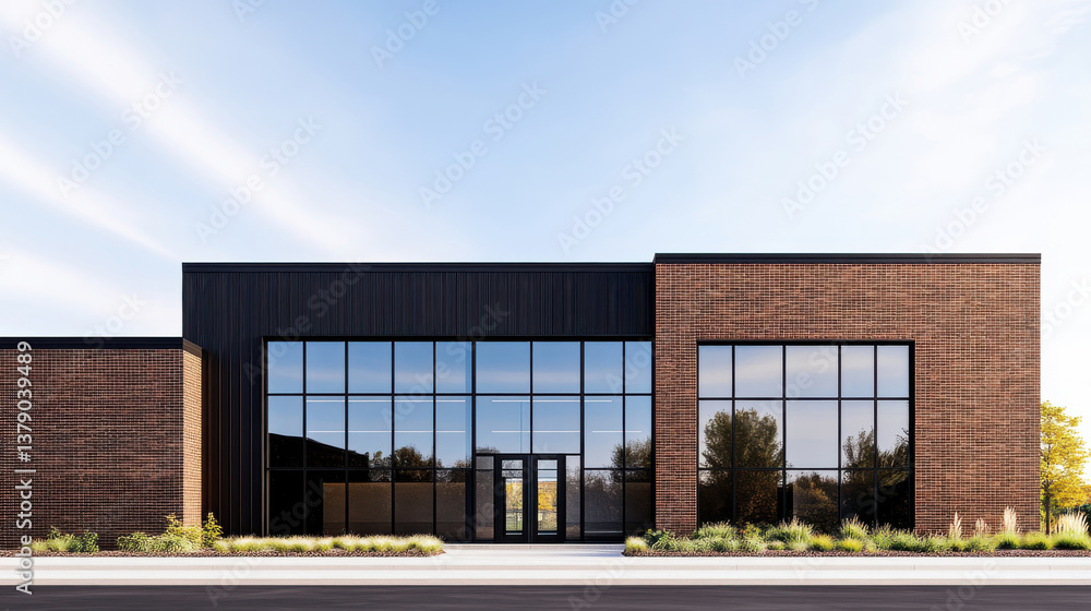 Modern Architectural Design: A striking, contemporary building with a minimalist aesthetic, boasting clean lines, large glass windows, and a mix of materials, standing elegantly under a clear sky. Modern Architectural Design: A striking, contemporary building with a minimalist aesthetic, boasting clean lines, large glass windows, and a mix of materials, standing elegantly under a clear sky.