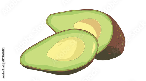 Sliced avocado illustration with pit displaying ripe green flesh