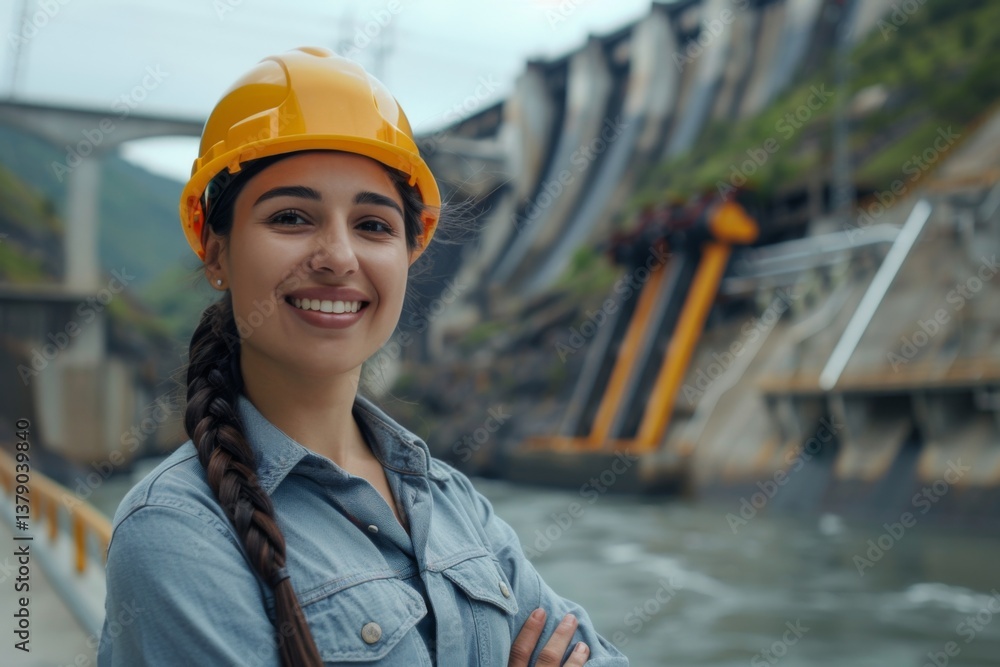 Portrait of a smiling young Hispanic female engineer at hydroelectric plant Portrait of a smiling young Hispanic female engineer at hydroelectric plant