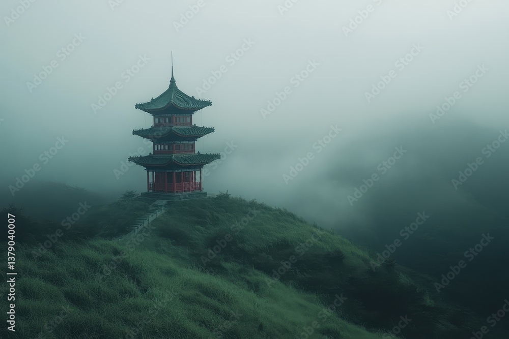 Obraz premium A photo of a tall building standing on top of a vibrant green hillside surrounded by nature A Chinese pagoda in a misty mountain setting .