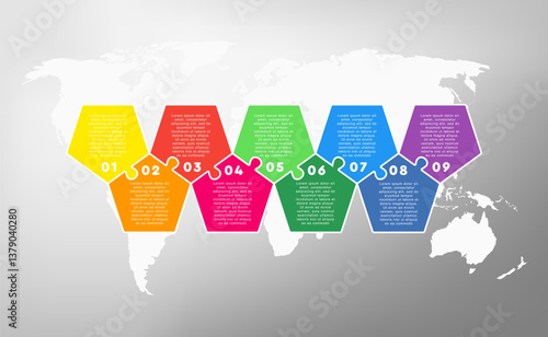 Nine steps line infographic, puzzle diagram