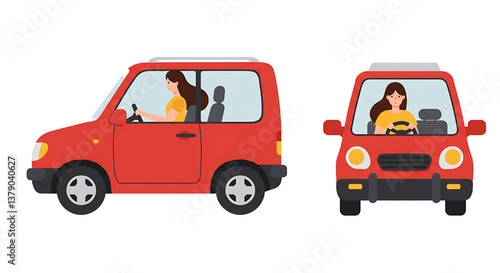 Car with driver woman  flat design illustration isolated on white background 