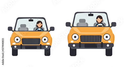 Car with driver woman  flat design illustration isolated on white background 