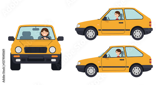 Car with driver woman  flat design illustration isolated on white background 