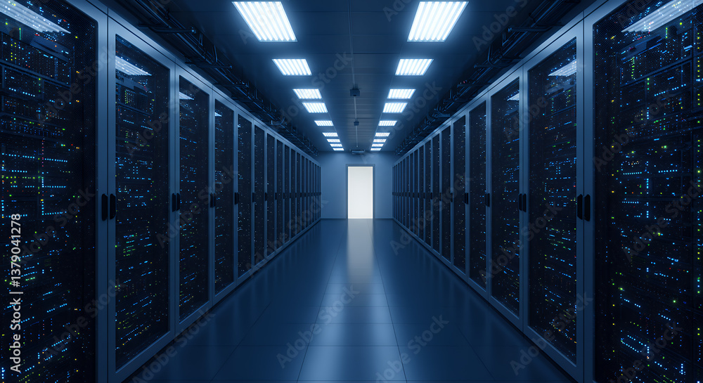 Data Center: Secure Servers, Cloud Storage, IT Infrastructure & High-Speed Networking in Modern Technology Room - Cybersecurity & Data Management Data Center: Secure Servers, Cloud Storage, IT Infrastructure & High-Speed Networking in Modern Technology Room - Cybersecurity & Data Management