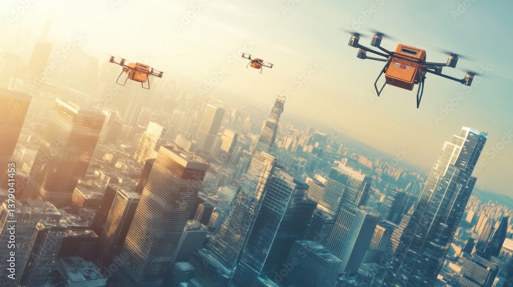 Autonomous delivery drones navigating a futuristic metropolis on a clear sky Autonomous delivery drones navigating a futuristic metropolis on a clear sky