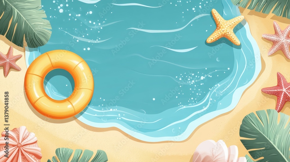 Summer Beach Scene With a Yellow Float and Starfish Near the Shore in Bright Sunlight Summer Beach Scene With a Yellow Float and Starfish Near the Shore in Bright Sunlight