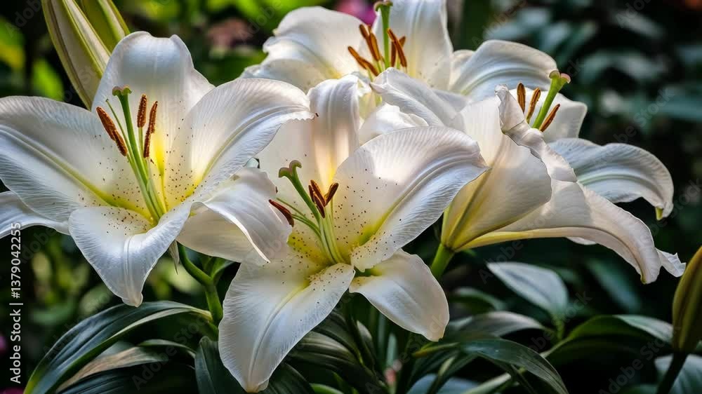 Elegant white lilies blooming in a lush garden during late spring, showcasing delicate petals and vibrant details Elegant white lilies blooming in a lush garden during late spring, showcasing delicate petals and vibrant details