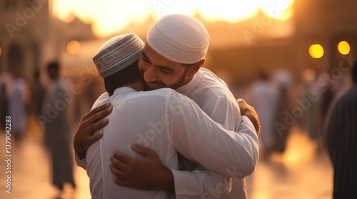 Heartwarming embrace between two muslim friends symbolizing togetherness and faith