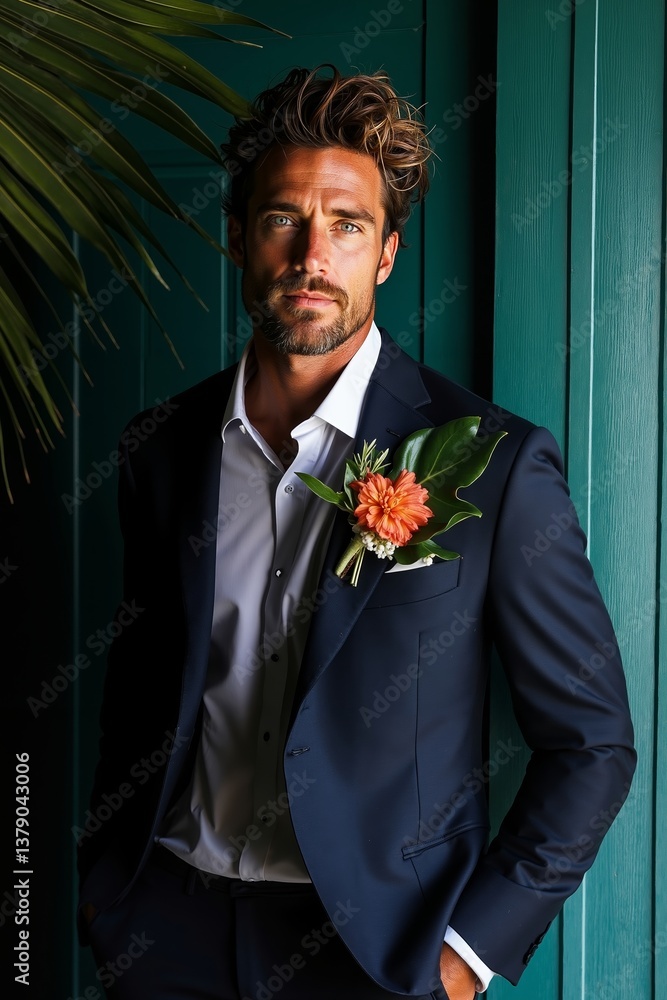 A man in a blue suit with a flower in his lapel A man in a blue suit with a flower in his lapel