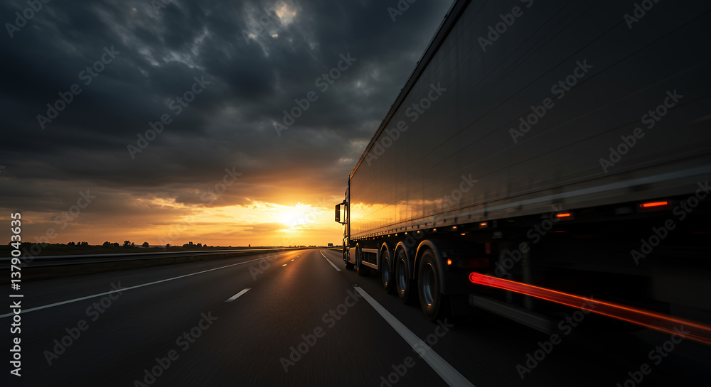 Obraz premium Sunset Speed: Trucking Across America at Dusk | Logistics, Transportation, and Highway Freedom