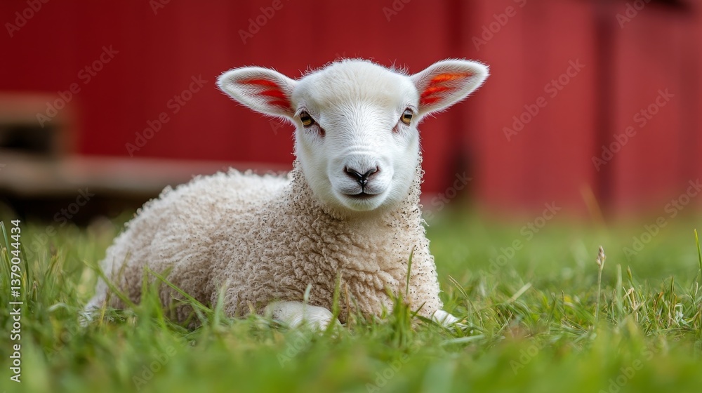 Fototapeta premium Sheep Grazing in a Sunny Field Near a Red Farmhouse by the Water in Autumn