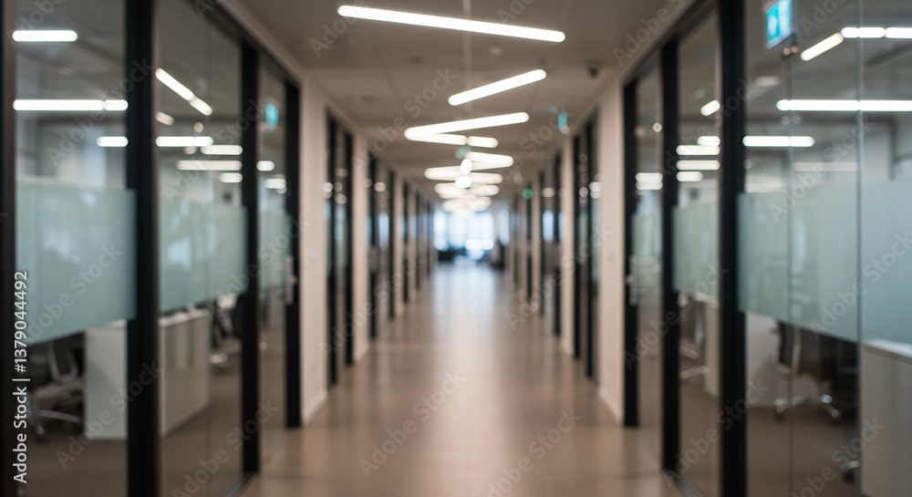 Obraz premium Modern Office Hallway: Sleek Glass Walls & Bright Lighting | Corporate Space Design