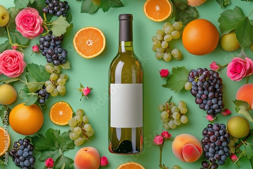 Colorful Arrangement of Wine Bottle and Fresh Fruits on a Green Background