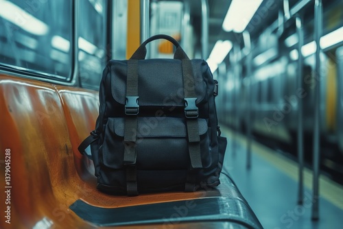 Backpack Placed on the Seat of an Empty Subway Train During the Day