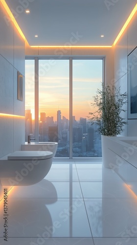 Modern Bathroom Design With City Skyline View During Daytime