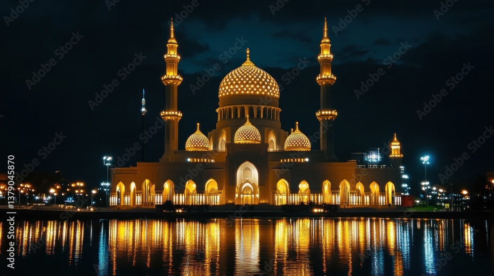 Obraz premium Majestic mosque glows warmly under the night sky with beautiful water reflection