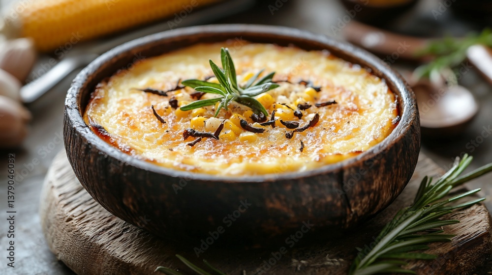 Creamy corn casserole in rustic bowl, kitchen setting Creamy corn casserole in rustic bowl, kitchen setting