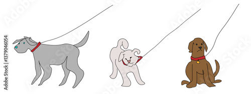 犬、ドッグ　散歩・お座り・散歩拒否　線描き・手描き　イラスト素材セット