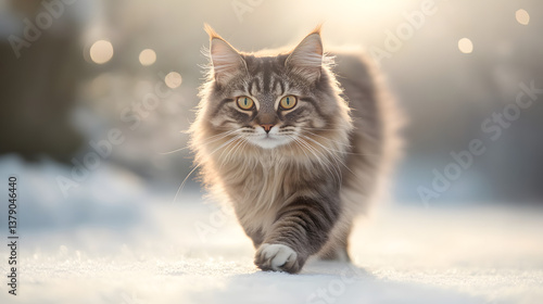A Maine Coon cat with great fur and broad paws runs through a snowy landscape