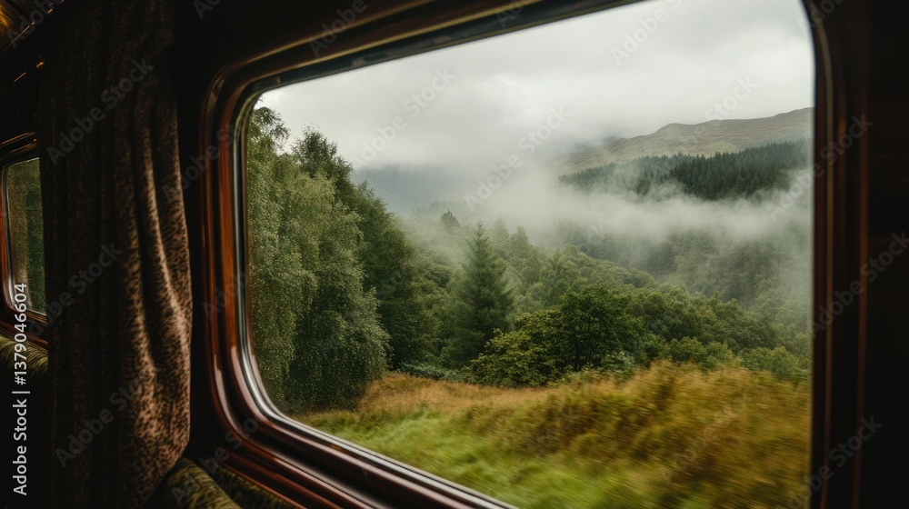 Enchanting Scottish Highlands through a train window on a misty day