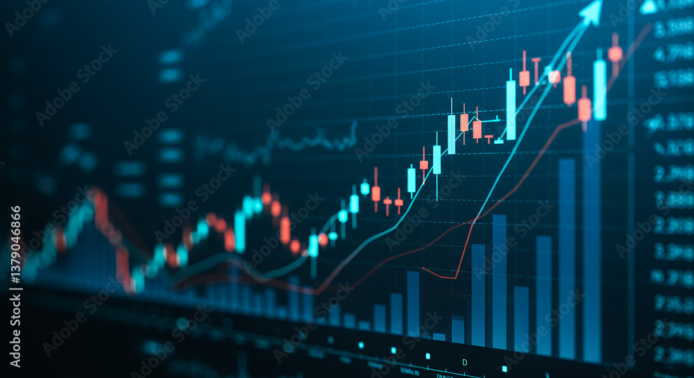 Naklejka premium Bull Market Surge: Analyzing Stock Charts & Financial Growth | Investment Trends, Data Visualization, Trading Insights & Economic Analysis