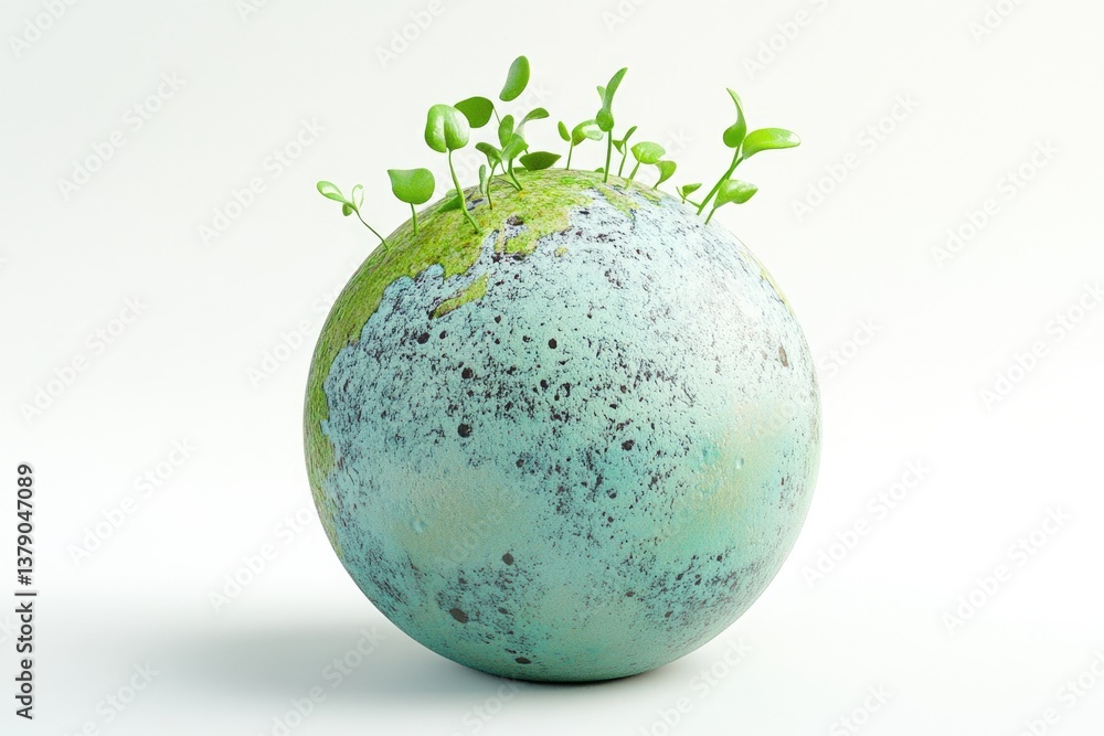 Young green plants sprout from a textured globe, symbolizing growth and environmental renewal. Young green plants sprout from a textured globe, symbolizing growth and environmental renewal.