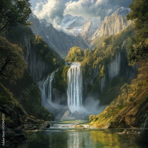 Enchanting waterfall in majestic mountain landscape