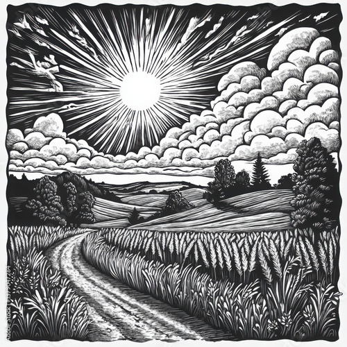 rural countryside with rolling hills, a winding road, a village, trees, and a radiant sunrise in sky sketch engraving generative ai raster illustration. Scratch board imitation. Black and white image