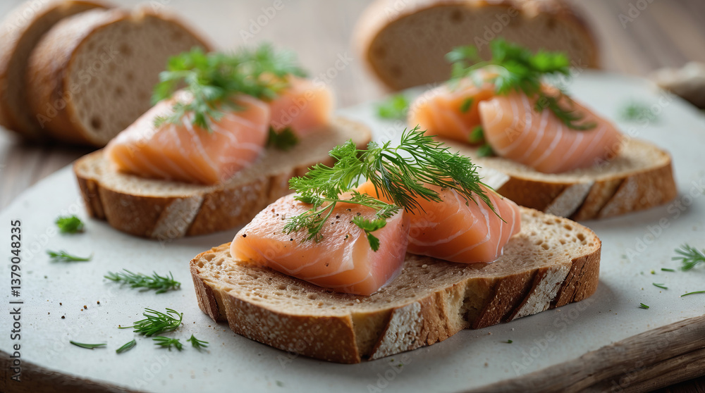 Fresh salmon on whole grain bread garnished with dill served on a rustic wooden table Fresh salmon on whole grain bread garnished with dill served on a rustic wooden table