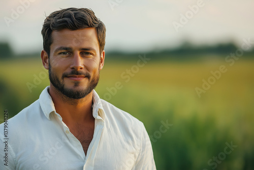 Young farmer standing on green field on right. In the background is a field with green crops. Agricultural development. Advertising banner