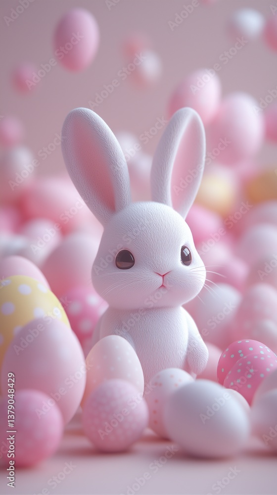 Fototapeta premium easter bunny and easter eggs simple background in kawaii 3d render style, cute, pastel colors, space for text